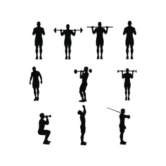 Nine Silhouettes of Men Performing Various Weightlifting Exercises