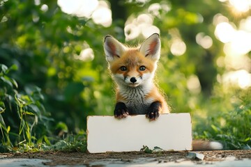 baby fox sitting in front of a clean billboard-style sign, forest background with bright natural light
