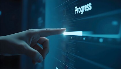 Hand interacting with futuristic progress bar interface, glowing blue technology, digital advancement concept