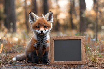 Obraz premium baby fox sitting in front of a clean billboard-style sign, forest background with bright natural light 