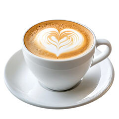 Obraz premium A white cup of coffee with heart-shaped latte art on a saucer