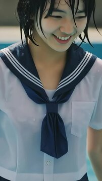 プールの中で、びしょ濡れのセーラー服を着た女子高生が、はにかんで笑う（縦型動画）