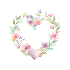 Heart shaped floral frame in romantic watercolor on transparent background