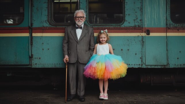 An elderly man and a young girl dressed in colorful attire stand proudly by a vintage train, capturing a moment of intergenerational bonding and nostalgia in a whimsical setting.