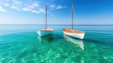 A tranquil scene featuring two elegant sailboats anchored on a crystal-clear turquoise sea, under a beautiful blue sky with soft white clouds, evoking peace and relaxation.