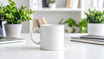 Morning Brew Workspace: A pristine workspace is set with a sleek white coffee mug as a focal point, flanked by potted plants and a hint of a laptop and notebook.