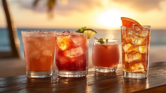 An enchanting arrangement of colorful cocktails at sunset epitomizes relaxation and enjoyment, perfect for beach gatherings and lazy summer evenings with friends.