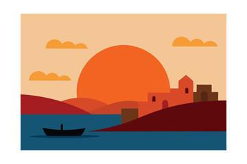 Serene Sunset over Coastal Village A Minimalist Landscape Illustration