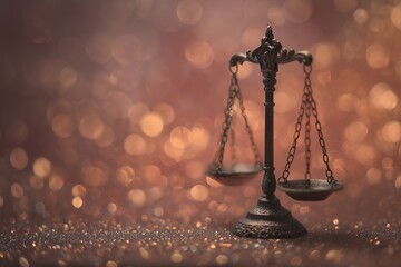 Antique style scale of justice symbolizing legal concepts equity balance fairness and ethical judgement with sparkling bokeh background representing law and justice system themes