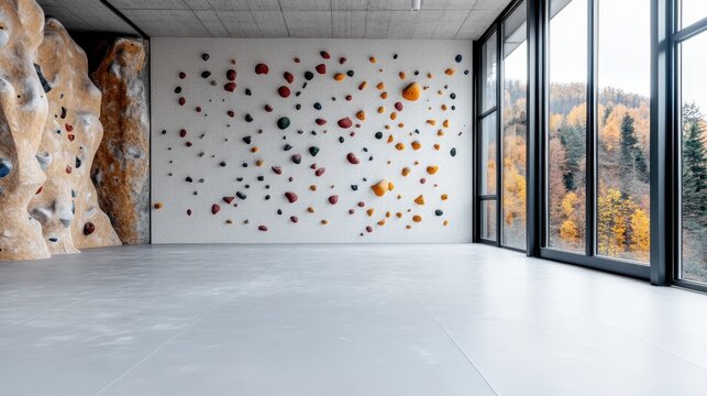 A spacious climbing wall adorned with various colorful holds, providing a thrilling indoor adventure space designed for fitness enthusiasts and climbing aficionados alike.