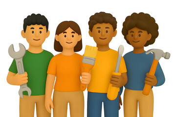 3D Diverse Youth Characters with Tools &ndash; Skill Development & Teamwork Illustration