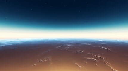 Serene alien planet landscape with vast horizon, stars, and atmospheric gradient view