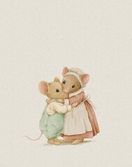A Mother’s Hug  Vintage Watercolor Mouse Illustration