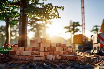 A nice construction site has bricks in a pile. The bricks are shining in the light of the sun. There are trees and construction things around.
