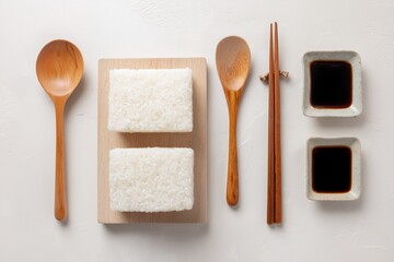 Top View Arrangement of Steamed White Rice Blocks Alongside Traditional Wooden Spoons Chopsticks and Soy Sauce Dishes on a Clean Background Representing Simple Asian Meal Prep