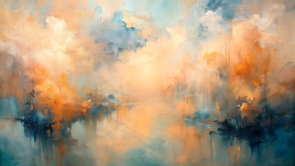 Abstract cloudscape art depicting serene sky with atmospheric orange and blue hues