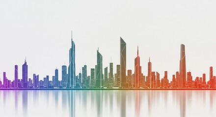Fototapeta premium Vibrant rainbow skyline reflects softly on calm water. AI Generated