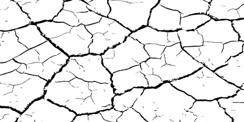 A high-contrast black and white texture of cracked earth or dry, parched ground. The image features irregular, jagged fissures and organic shapes, creating a fragmente.