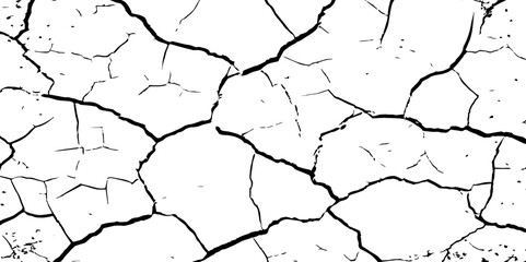 A high-contrast black and white texture of cracked earth or dry, parched ground. The image features irregular, jagged fissures and organic shapes, creating a fragmente.