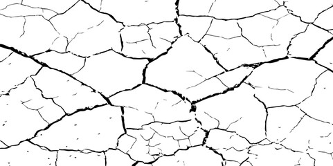 A high-contrast black and white texture of cracked earth or dry, parched ground. The image features irregular, jagged fissures and organic shapes, creating a fragmente.