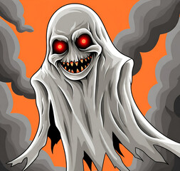 A white ghost with a horror face is shown isolated on an orange background, creating a spooky and eerie Halloween-themed visual.

