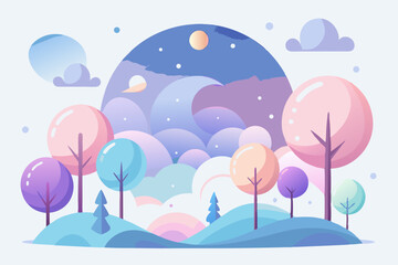 dreamy forest pastel trees moon night art