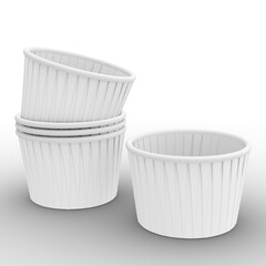 A stack of four white paper cups designed for serving food or snacks.