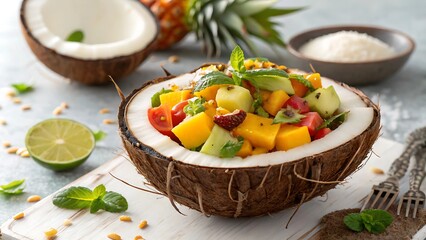 summer salad bowl with microgreens coconut shell bowl fine-dining concept Colorful fruit salad served in a coconut shell, garnished with mint and lime.