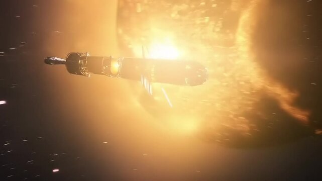 Spaceship Approaching a Fiery Celestial Body