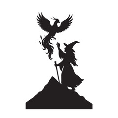 Wizard Summoning Phoenix Silhouette on Mountain Fantasy Magic Illustration