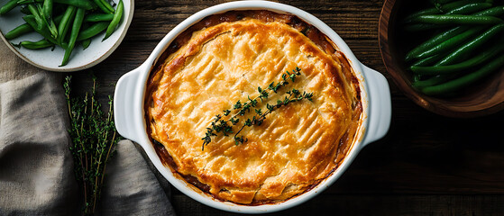 Homemade Shepherd's Pie with Fresh Green Beans and Thyme Garnish