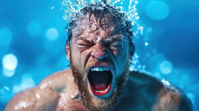 An intense, dynamic image capturing a swimmer emerging from the water with a powerful expression, emphasizing determination and the thrill of aquatic sports in a stunning blue backdrop.