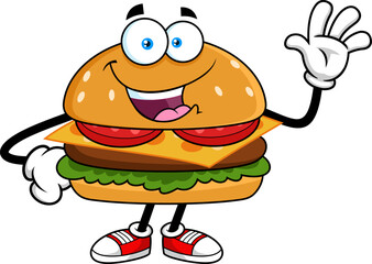 Burger Cartoon Character Smiling and Waving - Vector Hand Drawn Illustration Isolated On Transparent Background