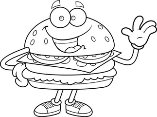 Black And White Burger Cartoon Character Smiling and Waving