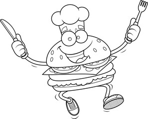Black and White Burger Chef Cartoon Character Jumping with Knife and Fork