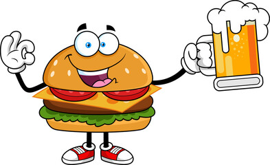 Funny Burger Cartoon Character Holding Beer Mug and Making OK Hand Sign - Vector Hand Drawn Illustration Isolated On Transparent Background