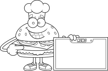 Burger Chef Cartoon Character Pointing At Blank Menu Board