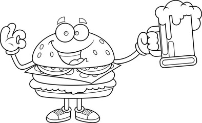 Funny Burger Cartoon Character Holding Beer Mug and Making OK Hand Sign
