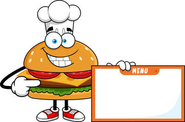 Burger Chef Cartoon Character Pointing At Blank Menu Board - Vector Hand Drawn Illustration Isolated On Transparent Background
