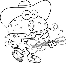 Cowboy Burger Cartoon Character Singing and Playing Guitar