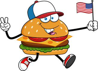 Happy Burger Cartoon Character Running with American Flag - Vector Hand Drawn Illustration Isolated On Transparent Background