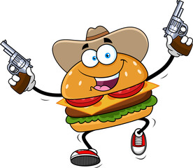 Funny Cowboy Burger Cartoon Character Holding Two Revolvers - Vector Hand Drawn Illustration Isolated On Transparent Background