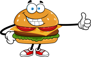 Happy Burger Cartoon Character Giving Thumbs Up - Vector Hand Drawn Illustration Isolated On Transparent Background