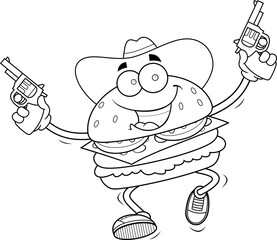 Funny Cowboy Burger Cartoon Character Holding Two Revolvers