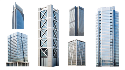   collection of tall office building realistic image isolated on white background PNG ,ai generated
