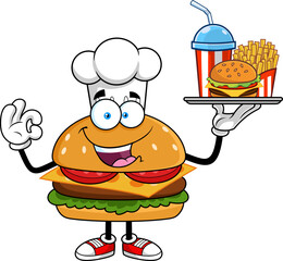 Burger Chef Cartoon Character Holding Fast Food Tray with Burger, Fries and Soda - Vector Hand Drawn Illustration Isolated On Transparent Background