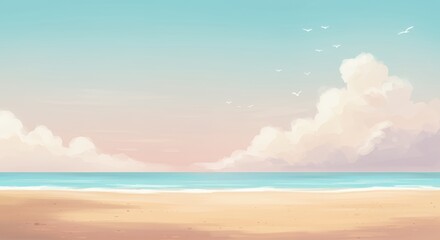Serene Pastel Beachscape: Tranquil Ocean, Soft Clouds, and Gentle Sky
