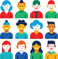 Diverse Group of Flat Design People Avatars with Varied Hairstyles and Clothing Colors Representing a Range of Ethnicities and Personalities in a Modern Minimalist Style