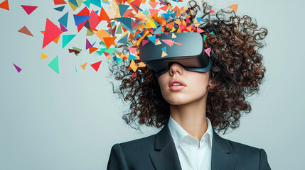 A businesswoman in VR glasses against an abstract background of geometric triangles — a visual for modern business, technology and immersive presentations