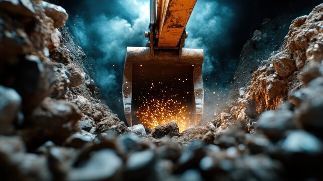 An impressive shot of an excavator's digging bucket in motion, surrounded by dirt and rocks, capturing the dynamic action of construction work and the power of machinery at the site.